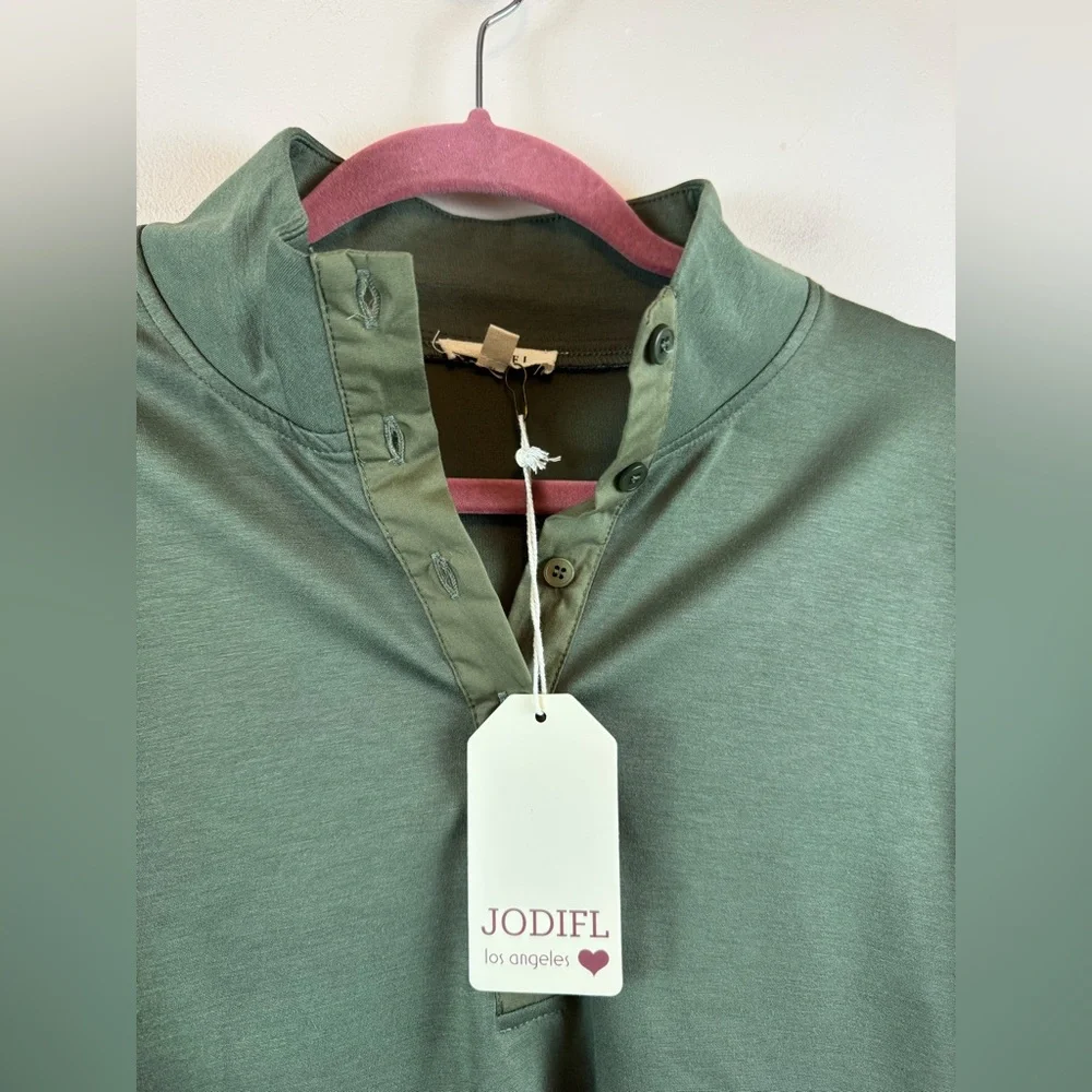 Jodiful Puff Sleeve 1/4 Button Down Top in Olive